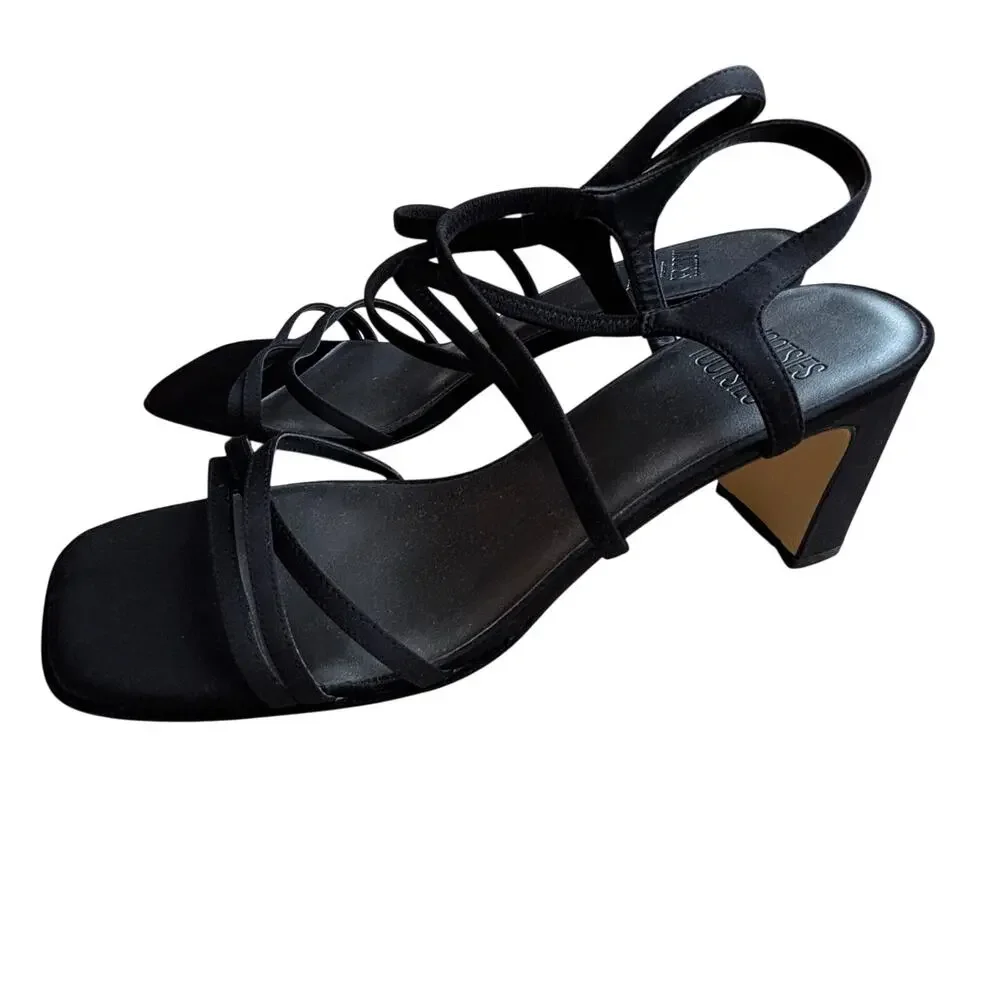 Mootsies Tootsies strappy black satin sandals dressy high heel shoes US size 11W